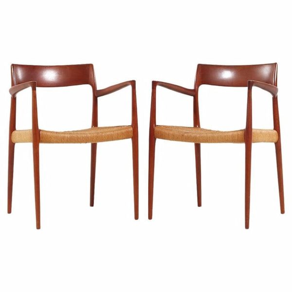 niels moller model 57 mid century danish teak and rope captains dining chairs - pair