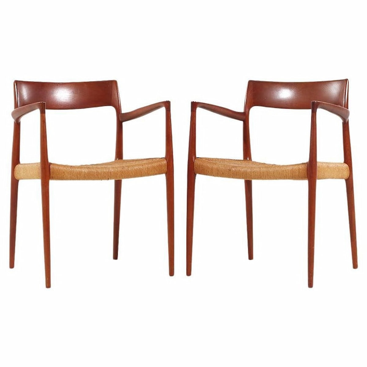 Niels Moller Model 57 Mid Century Danish Teak and Rope Captains Dining Chairs - Pair