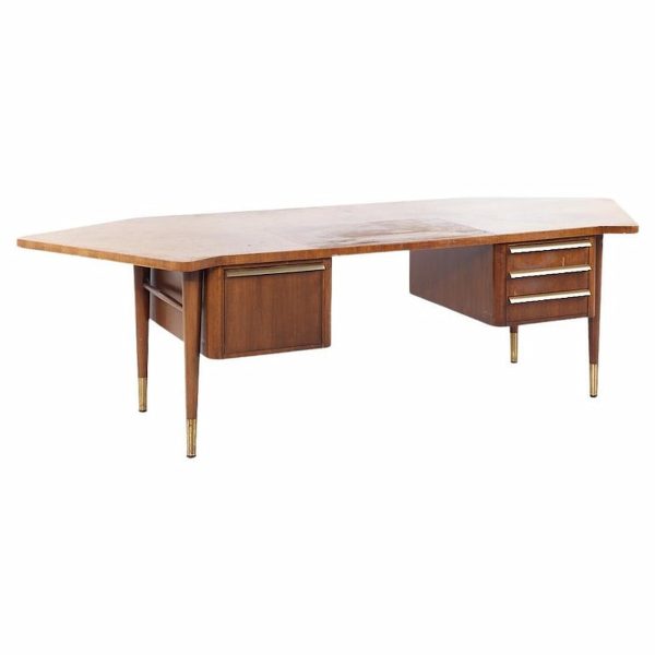 Stow Davis Mid Century Walnut and Brass Boomerang Executive Desk