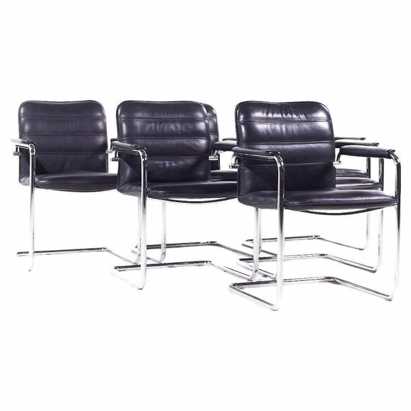 Thonet Mid Century Chrome and Black Leather Dining Chairs - Set of 6