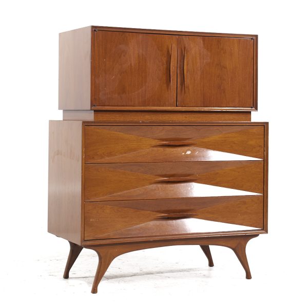 Albert Parvin Style Roma Mid Century Sculpted Walnut Highboy Dresser