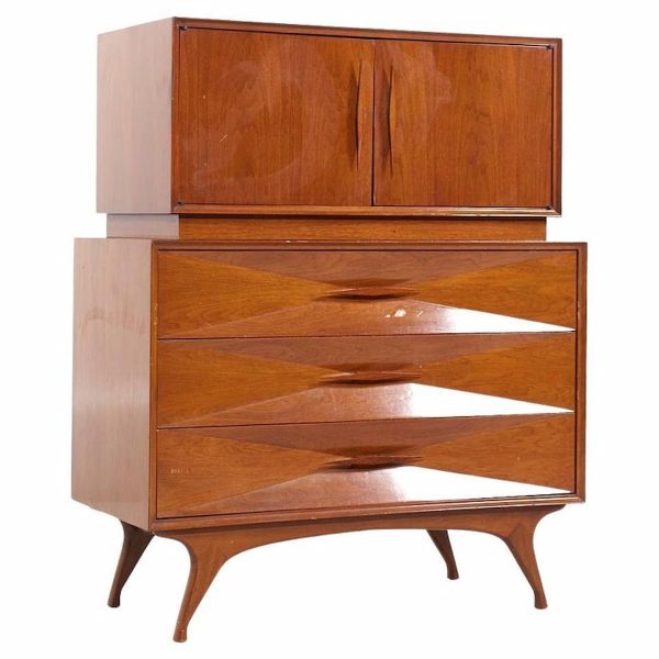 Albert Parvin Style Roma Mid Century Sculpted Walnut Highboy Dresser