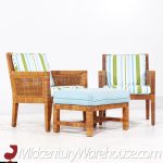 Billy Baldwin for Bielecky Brothers Mid Century Rattan, Cane and Brass Lounge Chairs with Ottoman