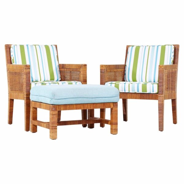 billy baldwin for bielecky brothers mid century rattan, cane and brass lounge chairs with ottoman