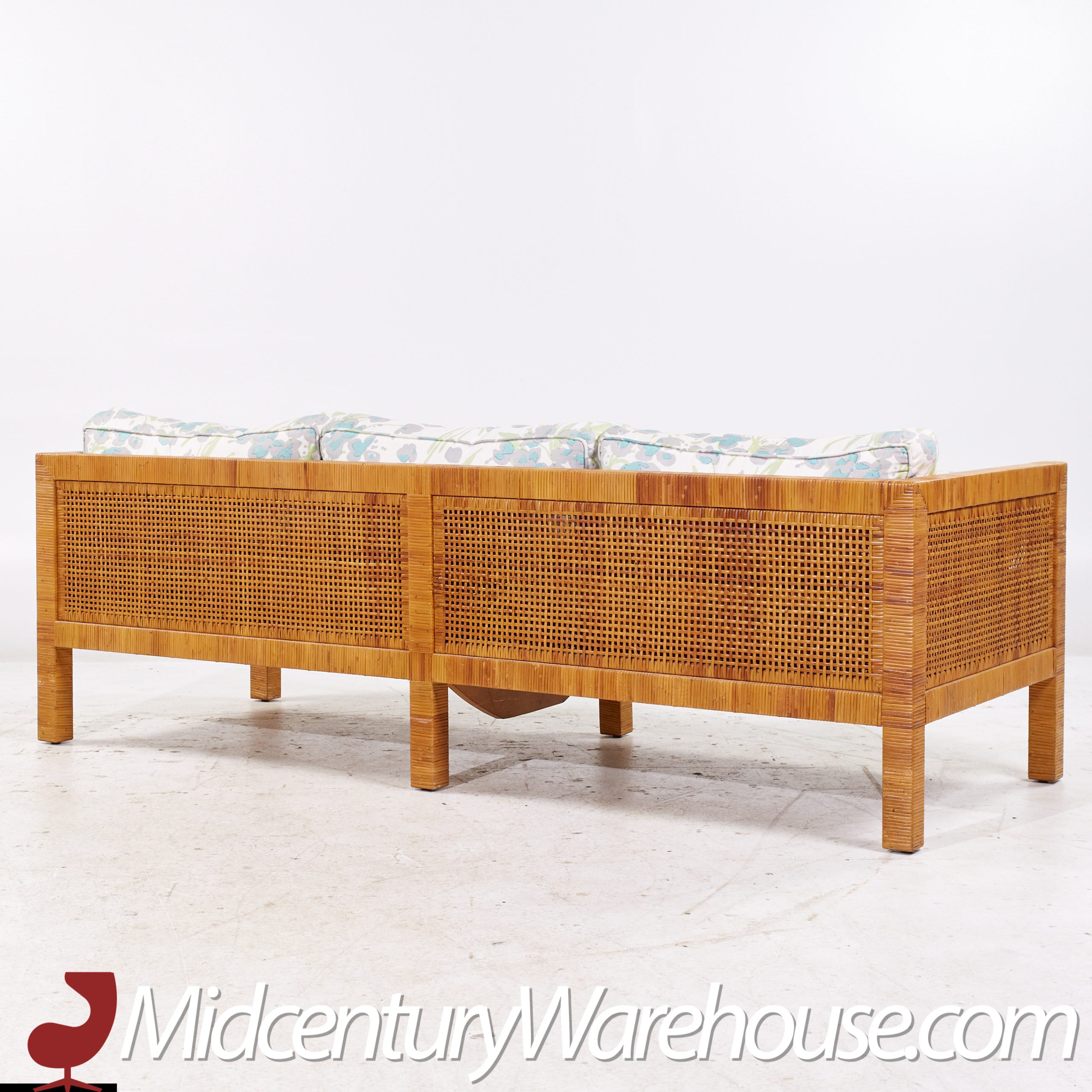 Billy Baldwin for Bielecky Brothers Mid Century Rattan, Cane and Brass Tuxedo Sofa  This Sofa Measures: 84.25 Wide X 32.5 Deep X 26.5 Inches High, with a Seat Height of 16 and Arm Height of 26.5 Inches