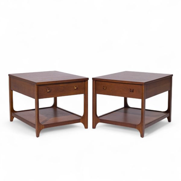 Broyhill Brasilia Mid Century Walnut and Brass Side End Tables - Pair