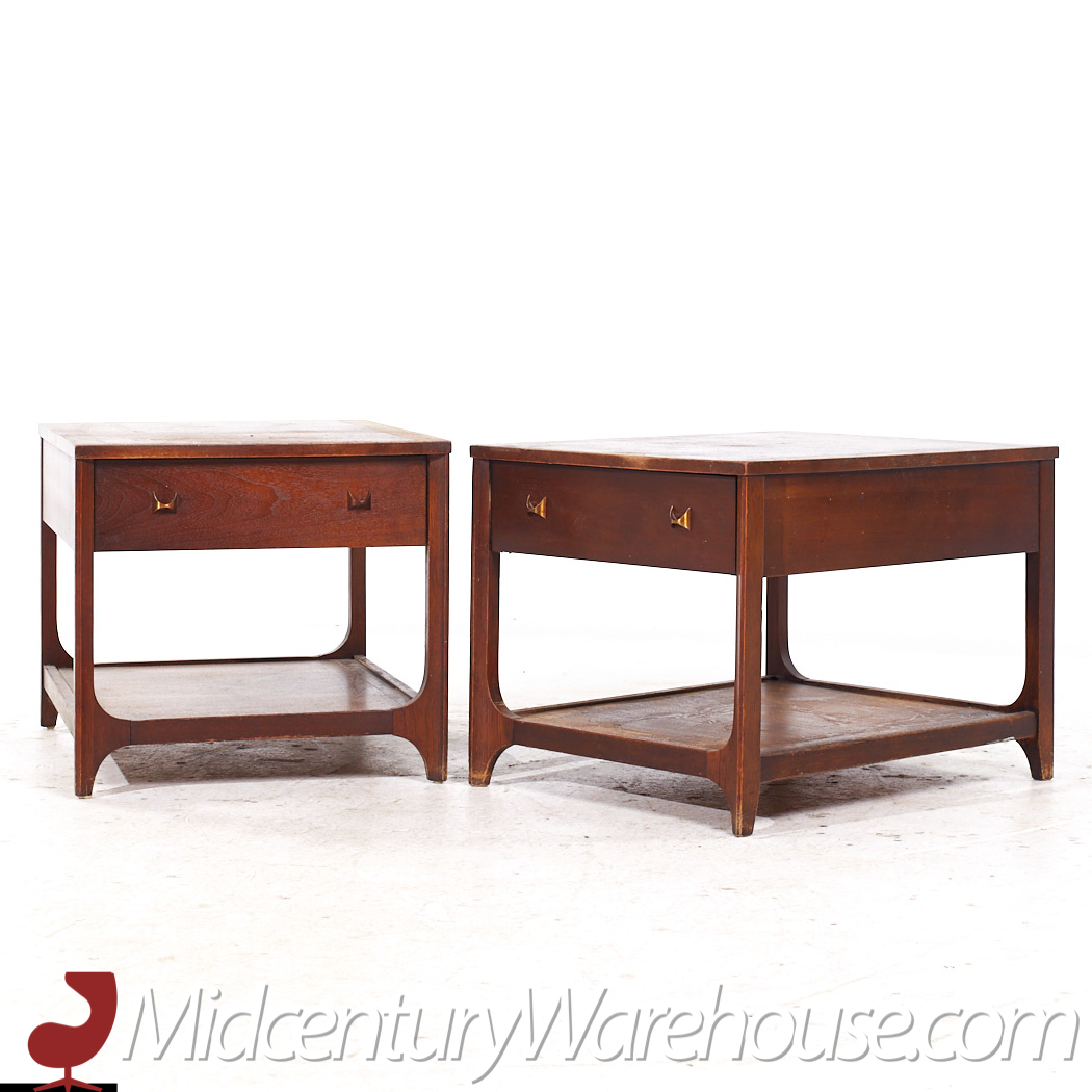 Broyhill Brasilia Mid Century Walnut and Brass Side End Tables - Pair