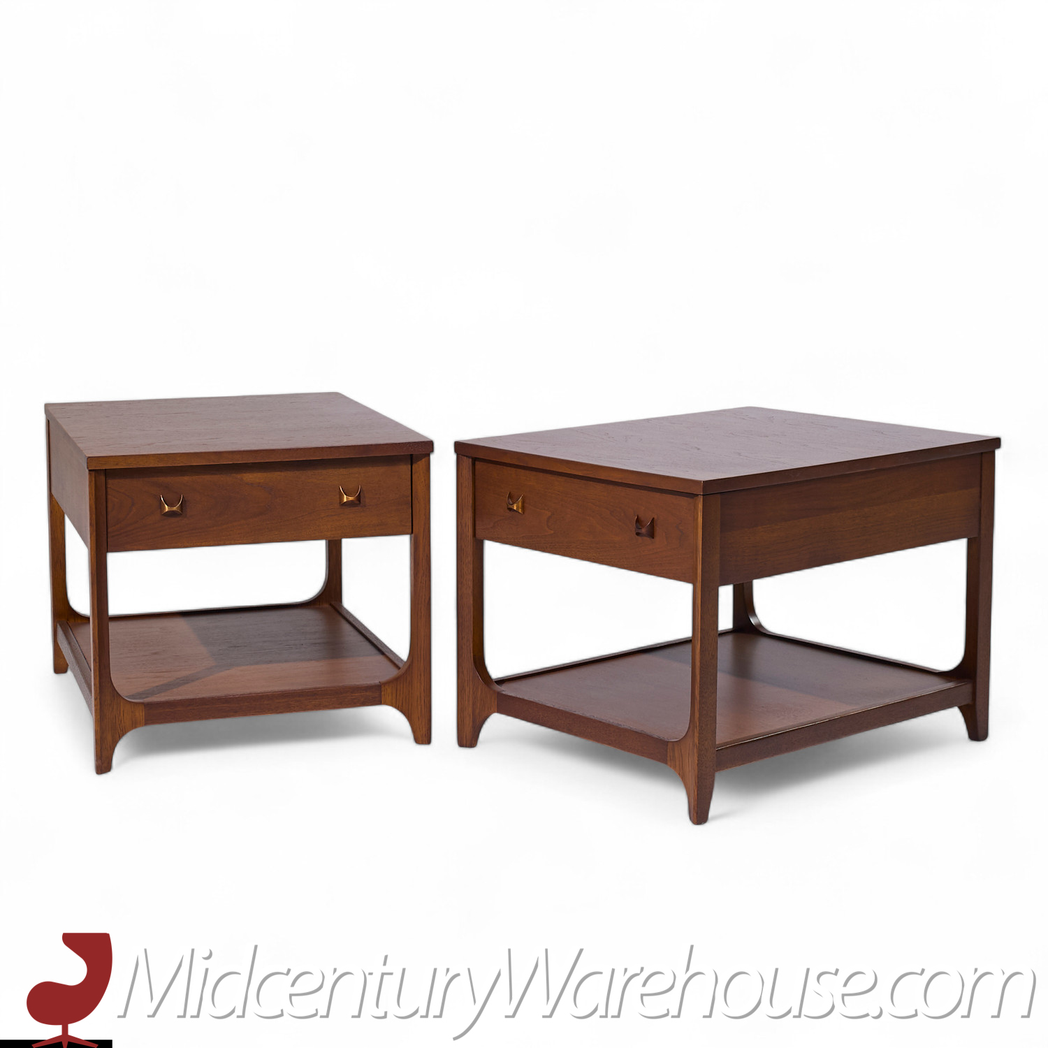 Broyhill Brasilia Mid Century Walnut and Brass Side End Tables - Pair
