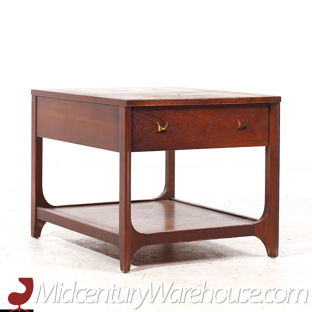 Broyhill Brasilia Mid Century Walnut and Brass Side End Tables - Pair