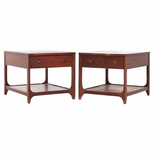 broyhill brasilia mid century walnut and brass side end tables - pair