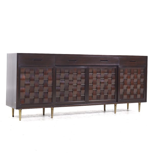 Edward Wormley for Dunbar Mid Century Mahogany and Brass Basketweave Credenza