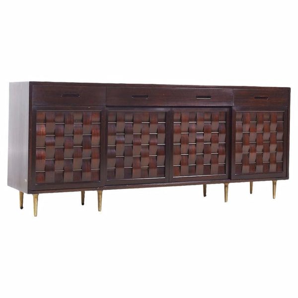 Edward Wormley for Dunbar Mid Century Mahogany and Brass Basketweave Credenza