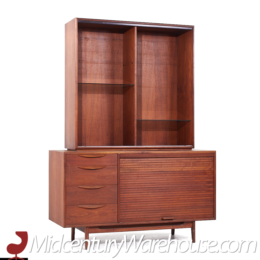 Jens Risom Mid Century Walnut Tambour Door Credenza and Hutch