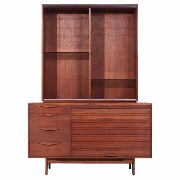 jens risom mid century walnut tambour door credenza and hutch