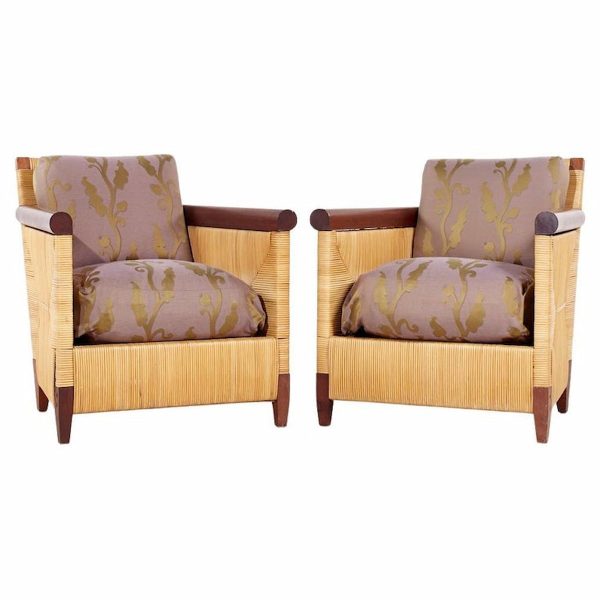 john hutton for donghia merbau collection mid century mahogany and rattan club chairs - pair