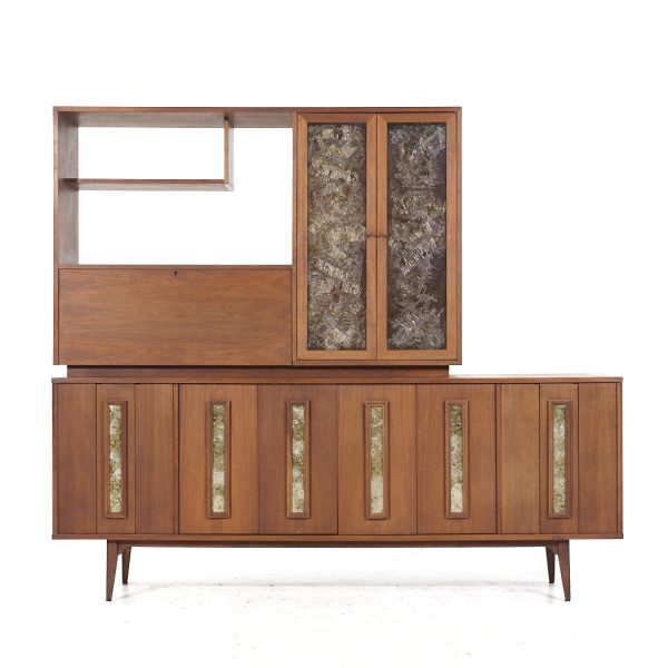 John Keal for Brown Saltman Style Mid Century Walnut Bar Media Console Credenza with Hutch