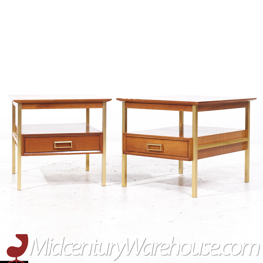 Kipp Stewart for Drexel Suncoast Brass and Walnut Nightstands - Pair