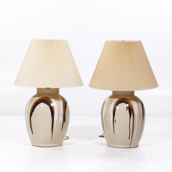 Mid Century Tan Ceramic Drip Glaze Lamps - Pair