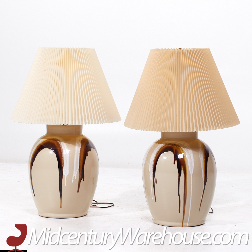 Mid Century Tan Ceramic Drip Glaze Lamps - Pair