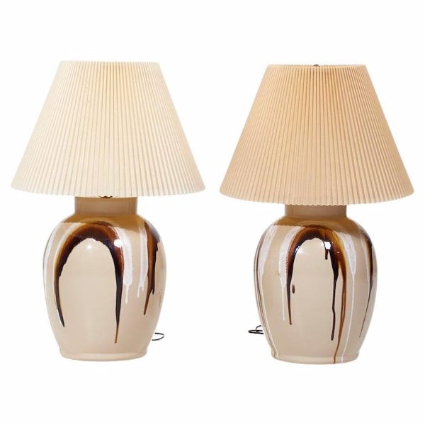 Mid Century Tan Ceramic Drip Glaze Lamps - Pair