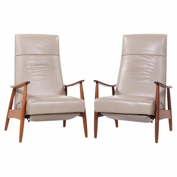 milo baughman for thayer coggin mid century leather and walnut lounge chair recliner - pair