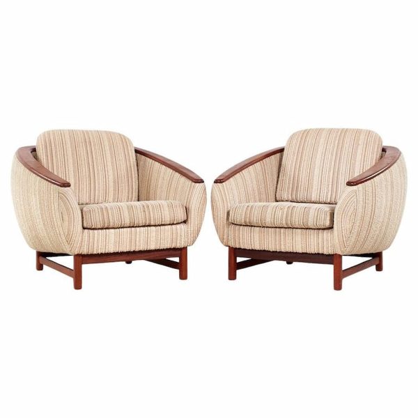 r huber mid century teak barrel lounge chairs - pair