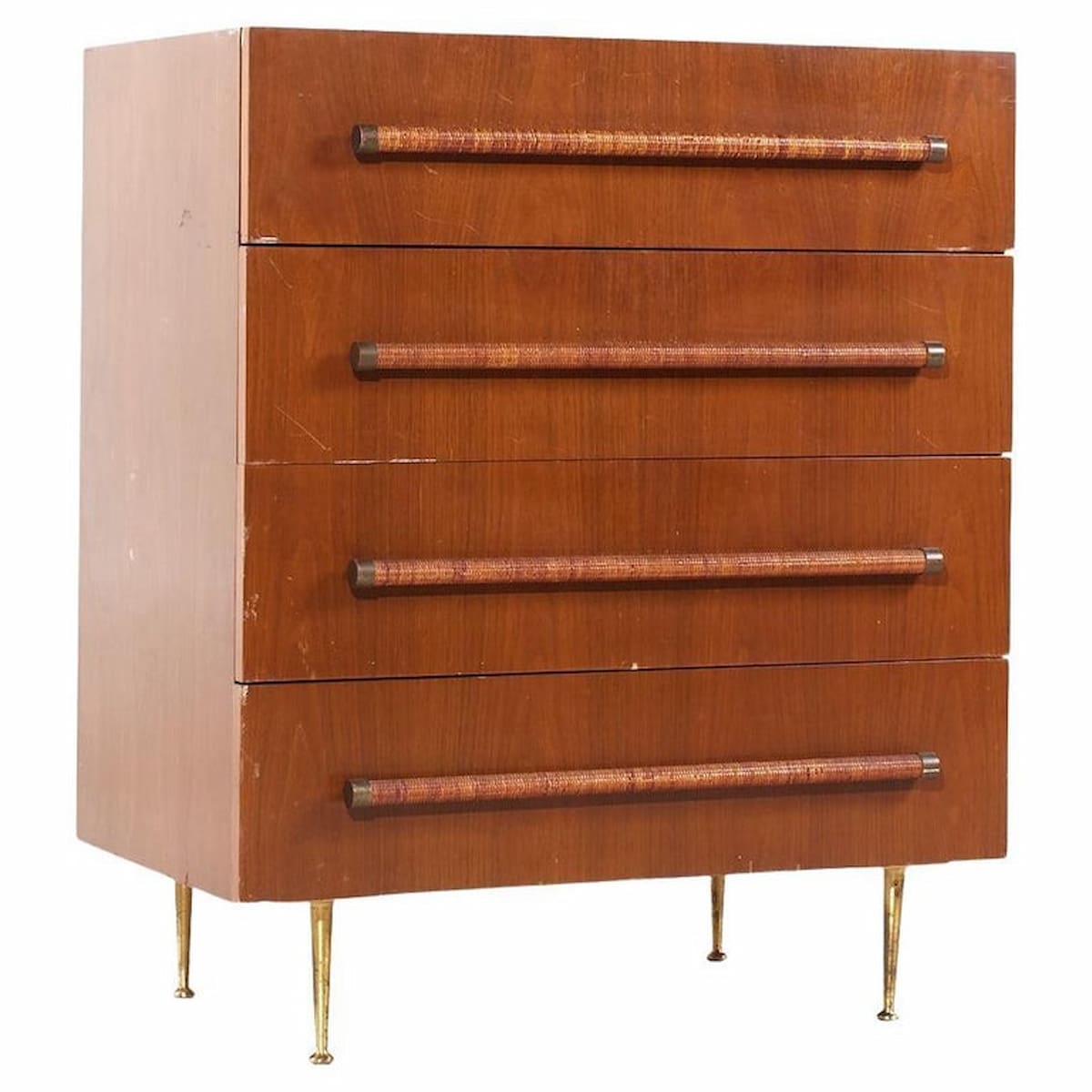 Robsjohn Gibbings for Widdicomb Mid Century Bleached Mahogany, Cane and Brass Highboy Dresser