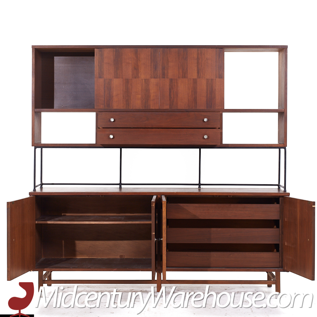 Stanley Mid Century Walnut Credenza and Hutch