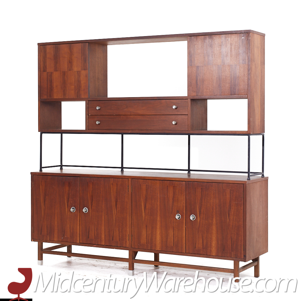 Stanley Mid Century Walnut Credenza and Hutch