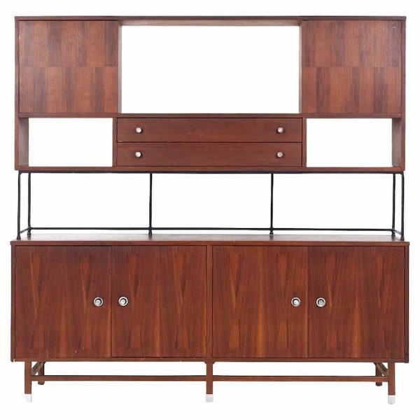 stanley mid century walnut credenza and hutch