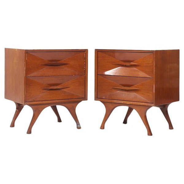 Albert Parvin Style Roma Mid Century Sculpted Walnut Nightstands - Pair