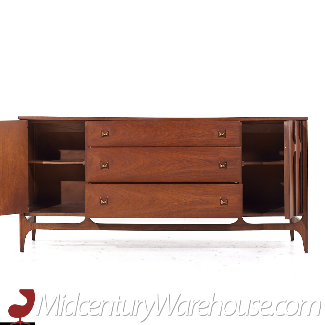 Broyhill Brasilia Mid Century 66 Inch Walnut and Brass Credenza