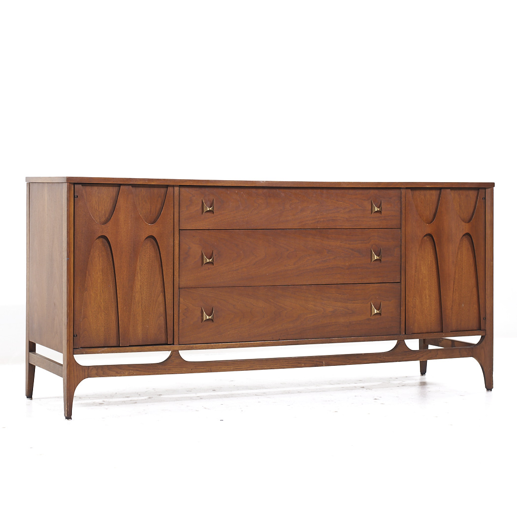 Broyhill Brasilia Mid Century 66 Inch Walnut and Brass Credenza