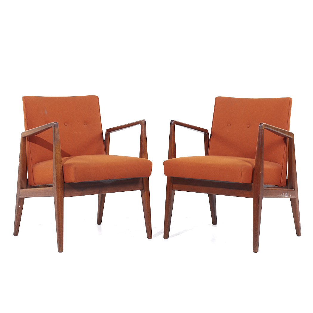 Jens Risom Mid Century Walnut Lounge Chairs - Pair