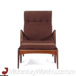 Kofod Larsen for Selig Mid Century Danish Walnut High Back Lounge Chair and Ottoman