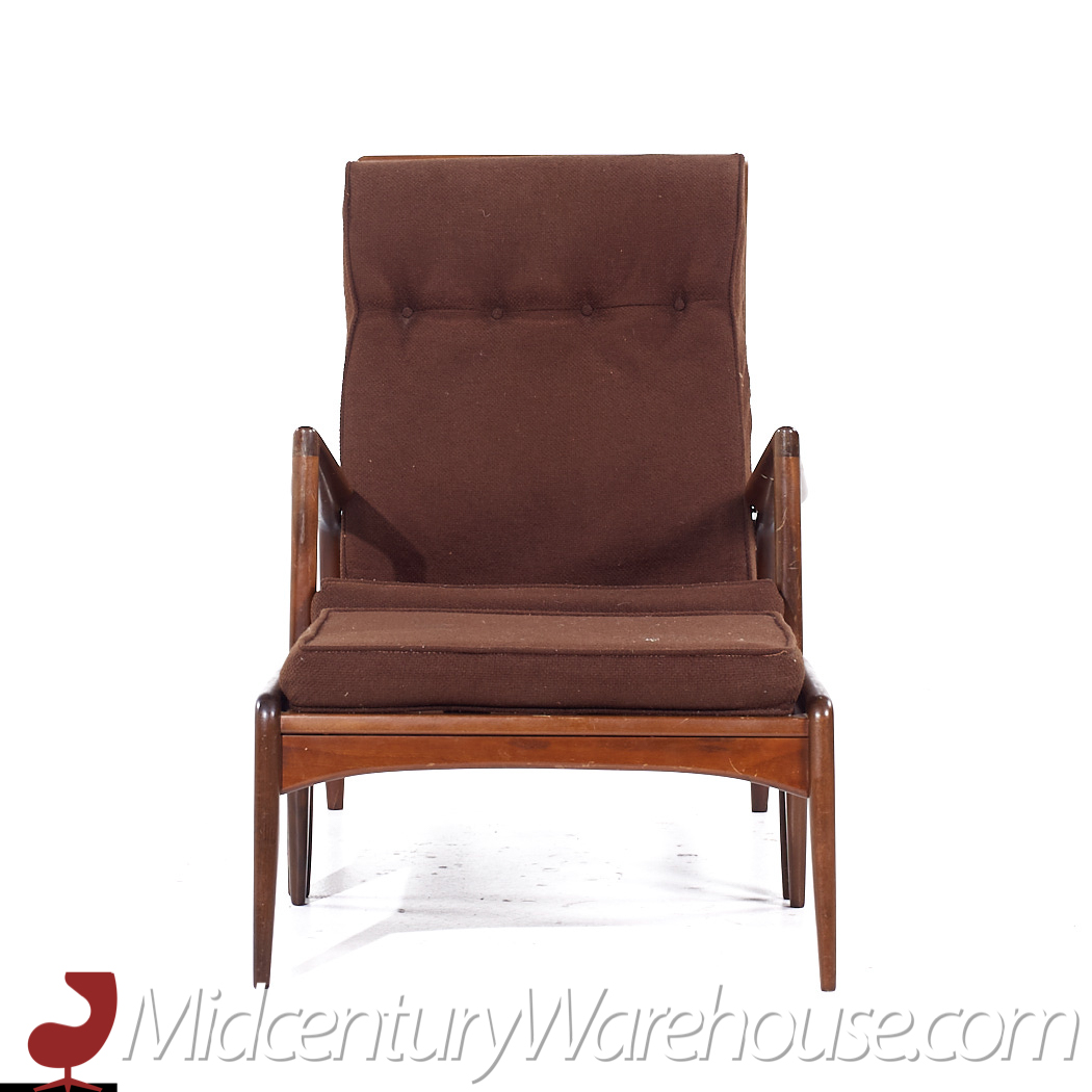 Kofod Larsen for Selig Mid Century Danish Walnut High Back Lounge Chair and Ottoman