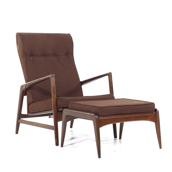 Kofod Larsen for Selig Mid Century Danish Walnut High Back Lounge Chair and Ottoman