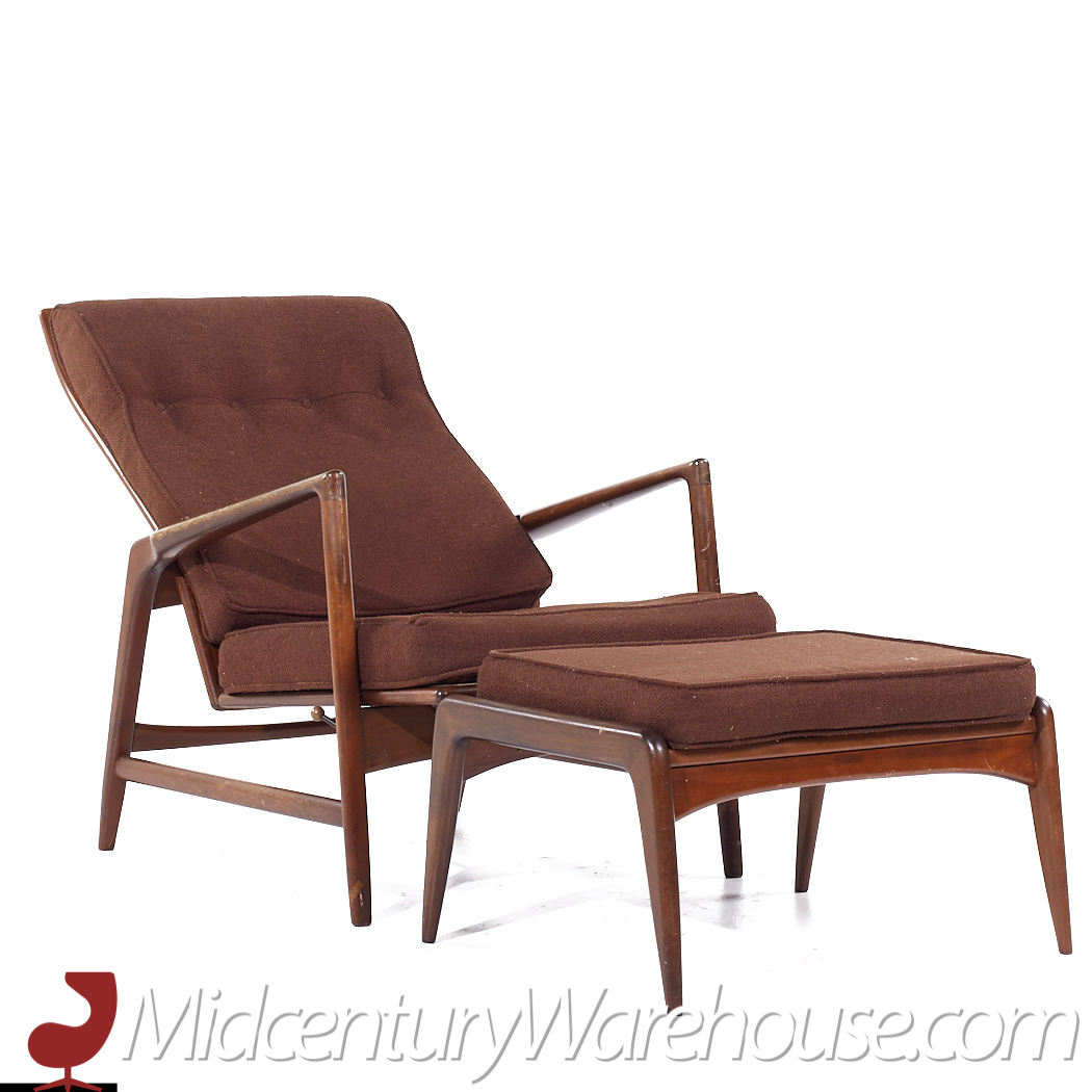 Kofod Larsen for Selig Mid Century Danish Walnut High Back Lounge Chair and Ottoman