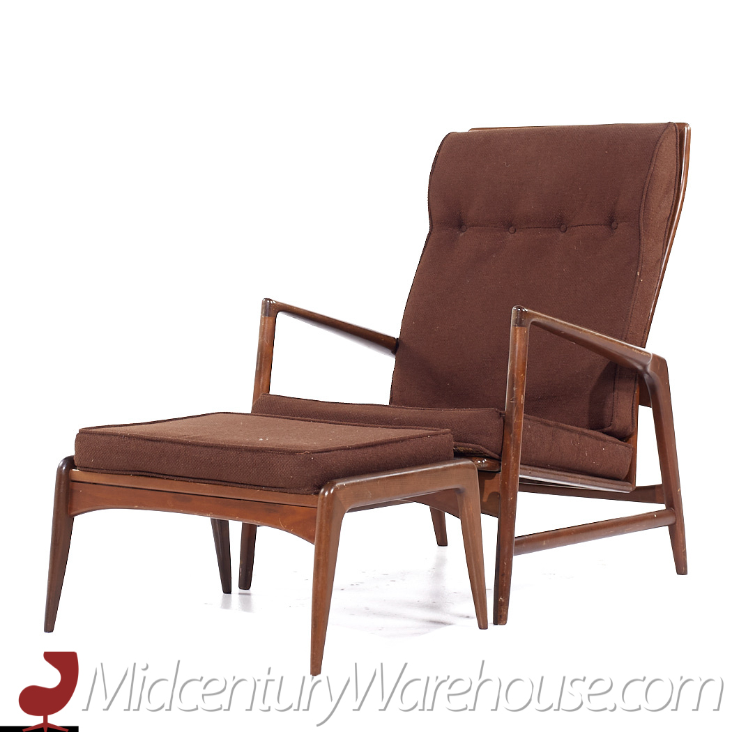 Kofod Larsen for Selig Mid Century Danish Walnut High Back Lounge Chair and Ottoman