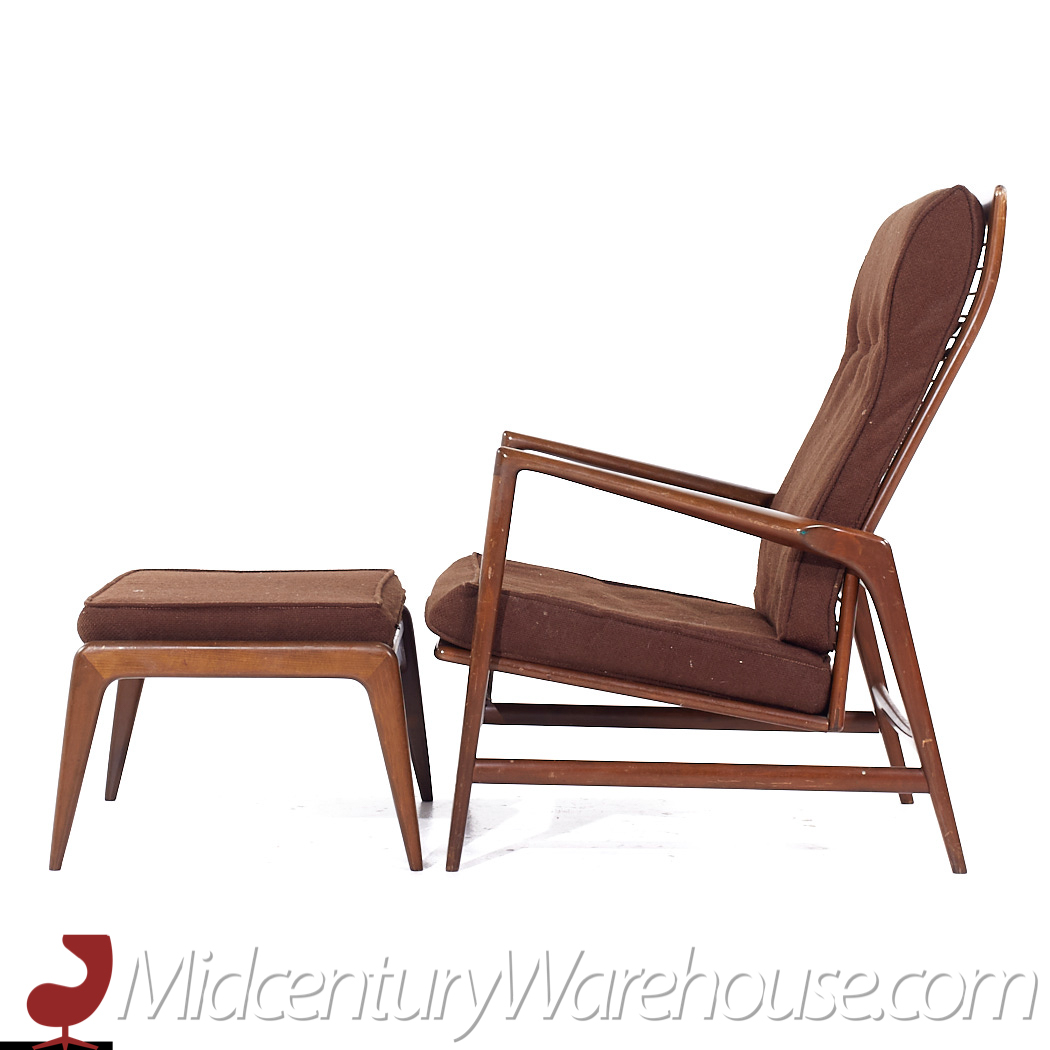 Kofod Larsen for Selig Mid Century Danish Walnut High Back Lounge Chair and Ottoman