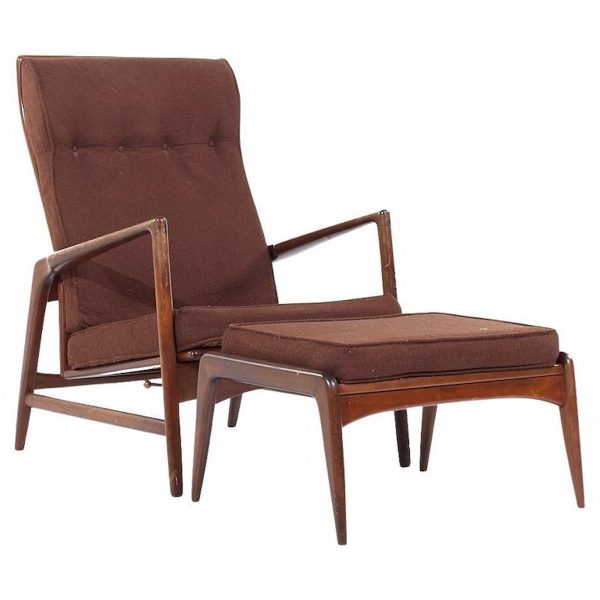 Kofod Larsen for Selig Mid Century Danish Walnut High Back Lounge Chair and Ottoman