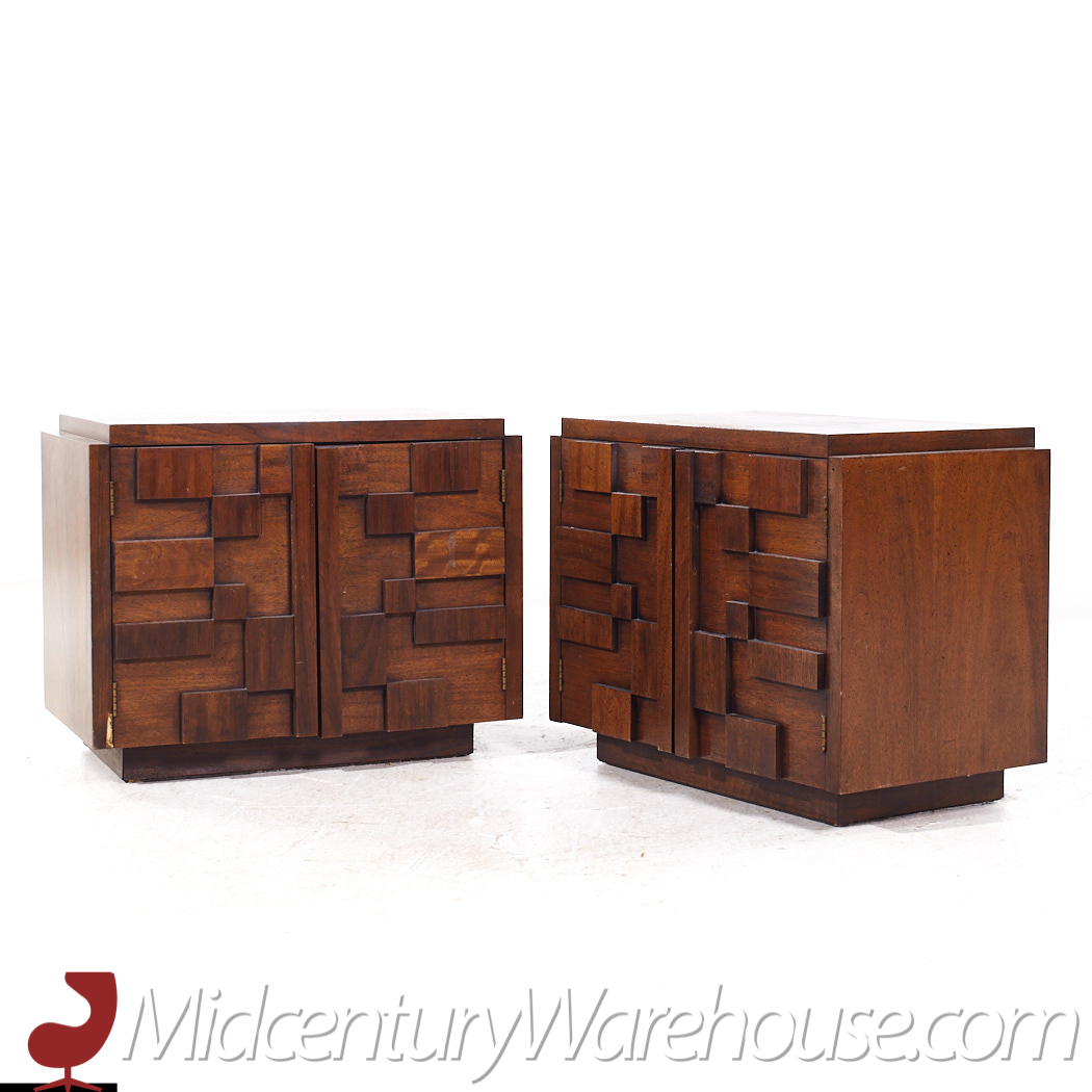 Lane Staccato Mid Century Brutalist Walnut Nightstands - Pair