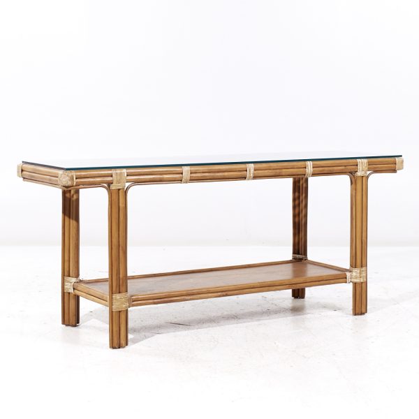 Mcguire Style Mid Century Rattan and Glass Console Table