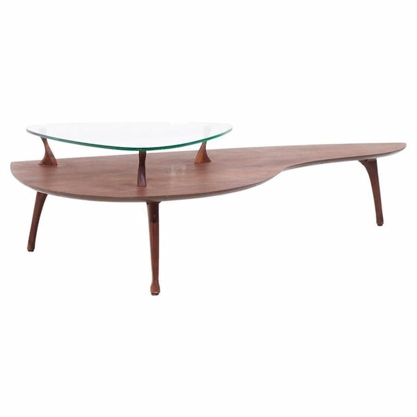 Vladimir Kagan Style Mid Century Sculptural Walnut and Glass Coffee Table