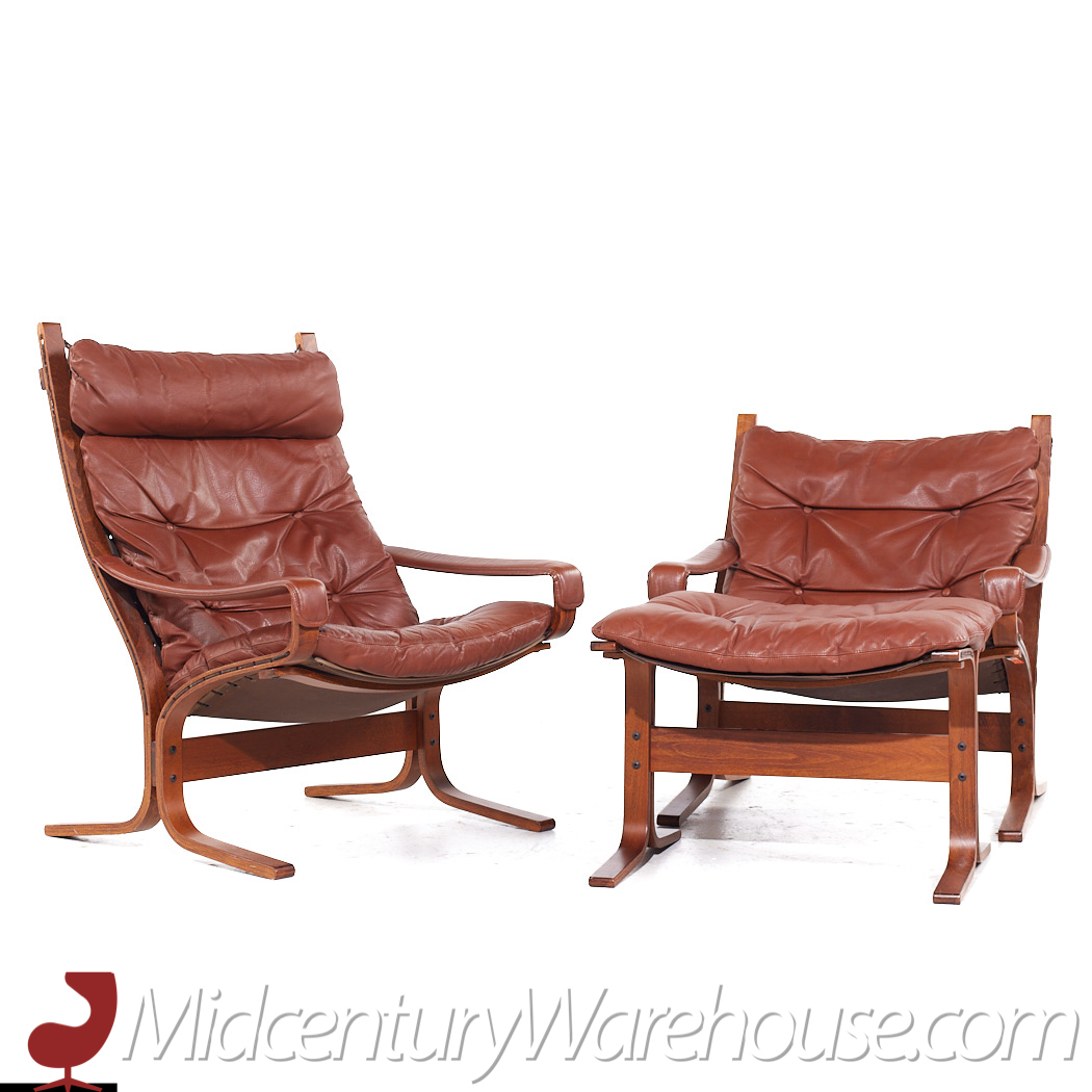 Westnofa Siesta Mid Century Bentwood and Leather Lounge Chairs and Ottoman