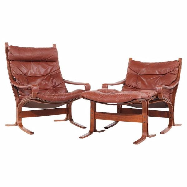 Westnofa Siesta Mid Century Bentwood and Leather Lounge Chairs and Ottoman