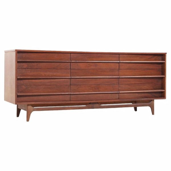 young manufacturing mid century walnut curved front lowboy dresser