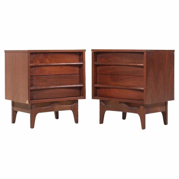 young manufacturing mid century walnut curved front nightstands