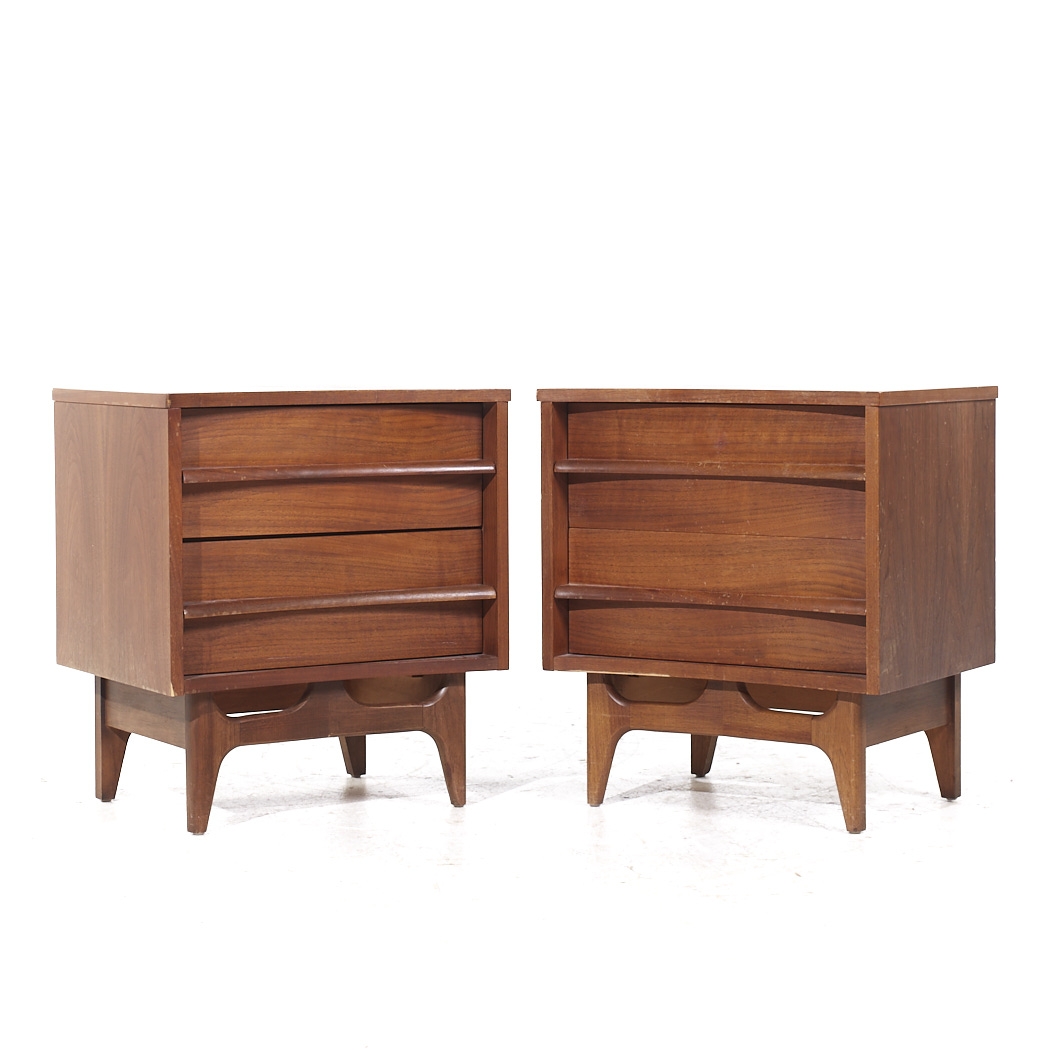 Young Manufacturing Mid Century Walnut Curved Nightstands - Pair