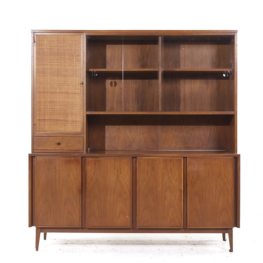 American of Martinsville Mid Century Walnut and Cane Credenza Credenza and Hutch